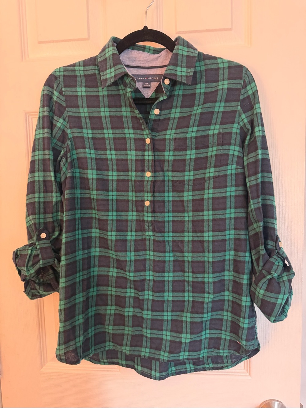 Tommy Hilfiger Green and Navy Plaid Button-Up Shirt, Tunic pullover 3/4 sleeve